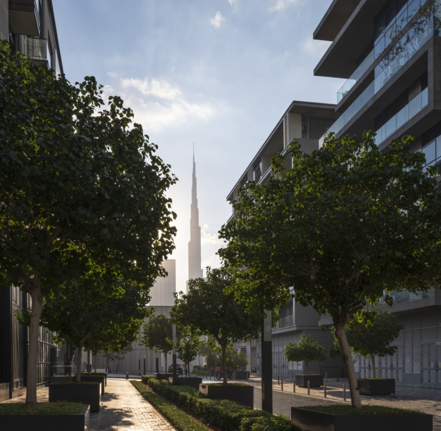 Tree-lined walkway at City Walk with the Burj Khalifa beyond