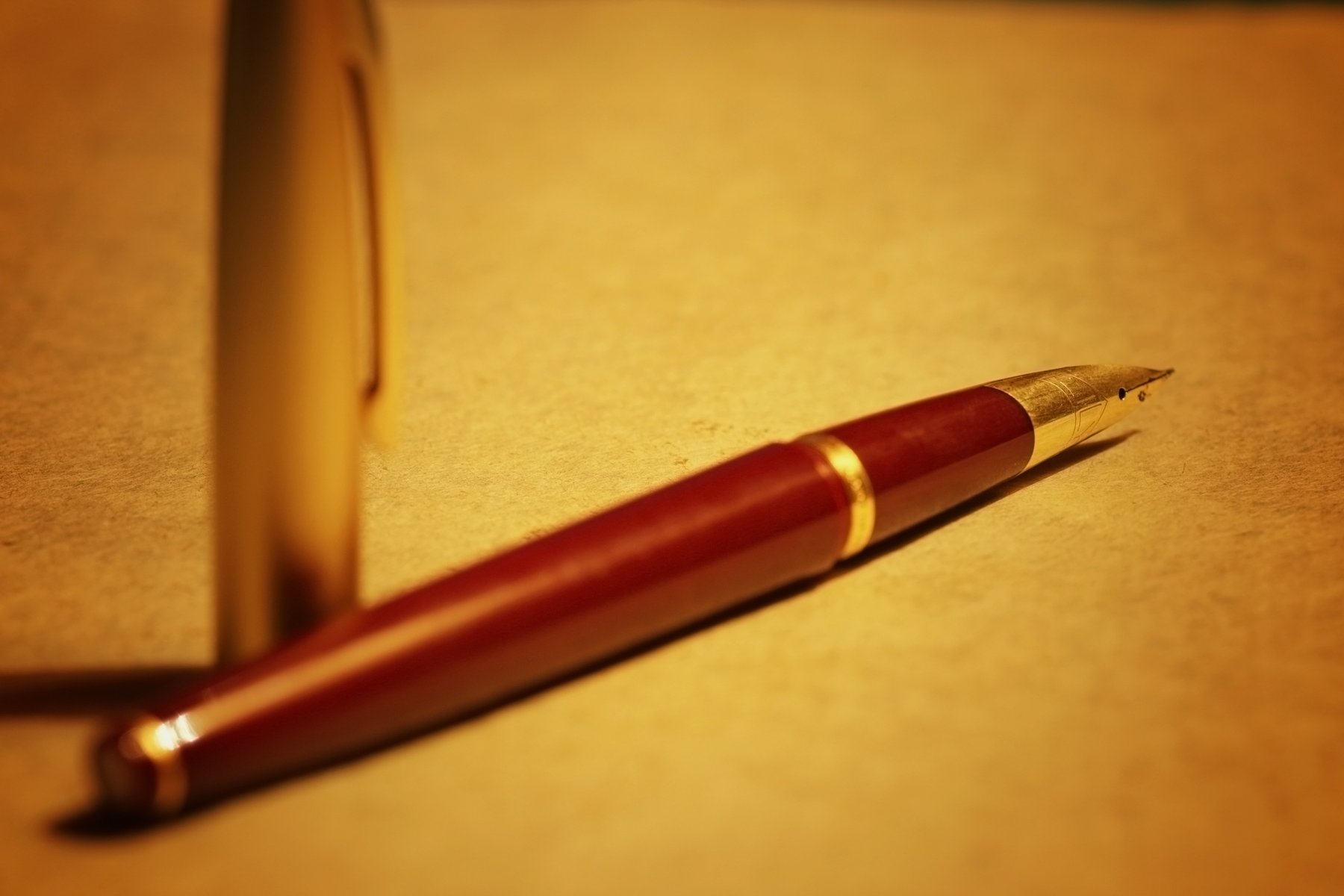 Burgundy fountain pen on paper in warm golden light, acquisition coordination and signing
