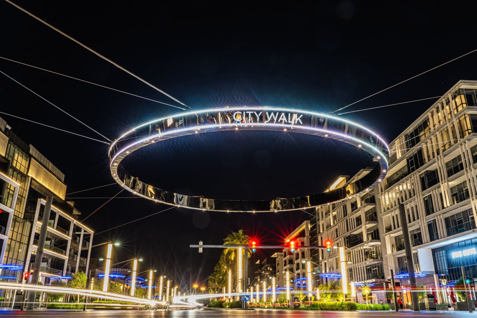 City Walk illuminated sign and streetscape, Dubai