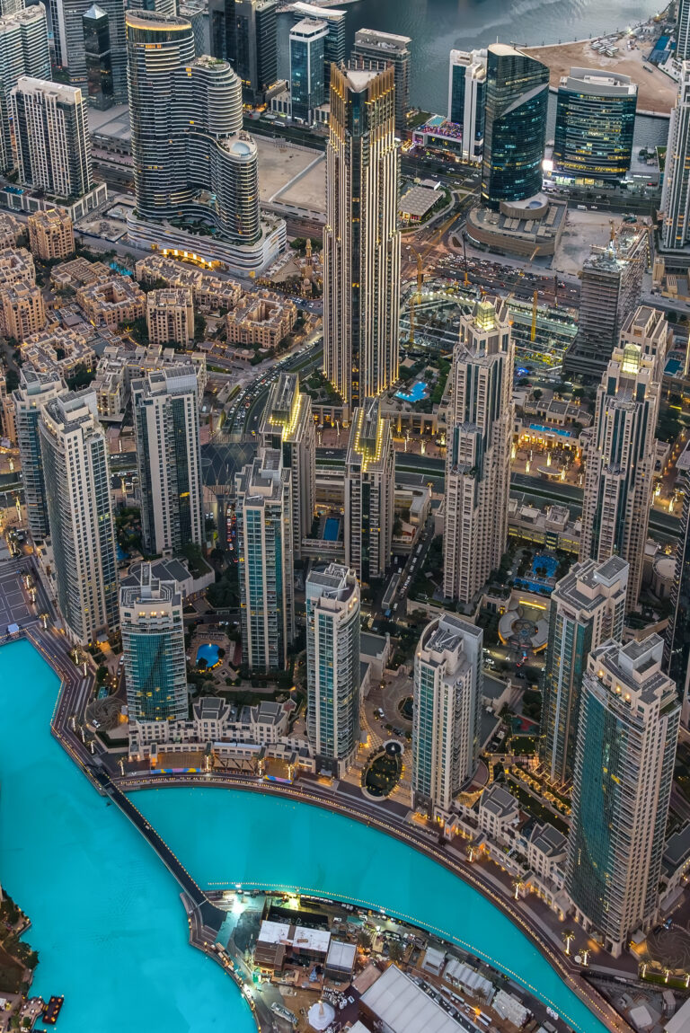 Aerial view of Downtown Dubai and the Burj Lake