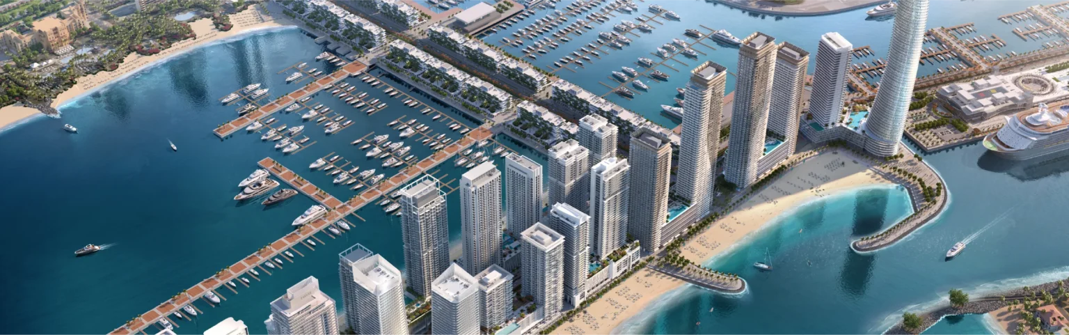 Aerial view of Emaar Beachfront and the marina at Dubai Harbour