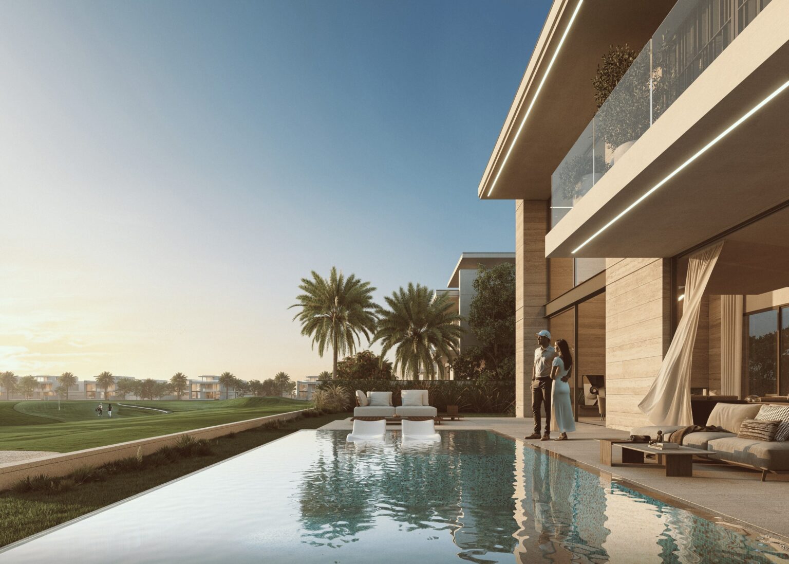 Villa terrace and pool overlooking the golf course at Jumeirah Golf Estates, Dubai