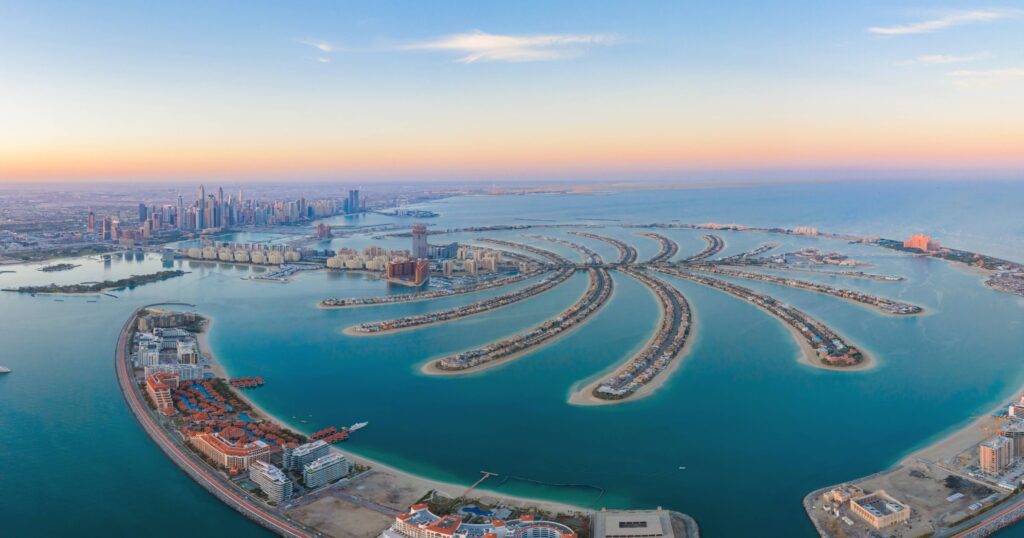 Aerial view of Palm Jumeirah with the Dubai skyline beyond
