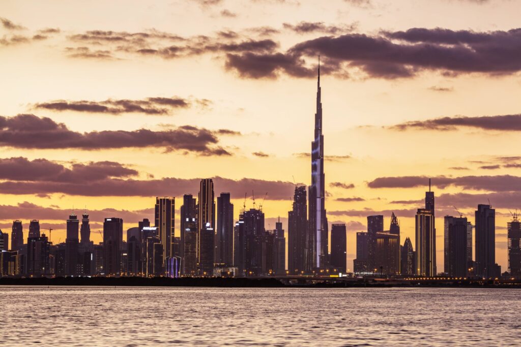 Downtown Dubai skyline with the Burj Khalifa at sunset