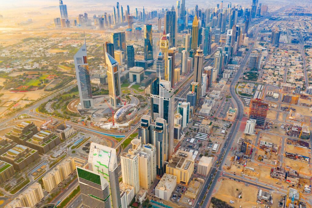 Aerial view of DIFC and Sheikh Zayed Road