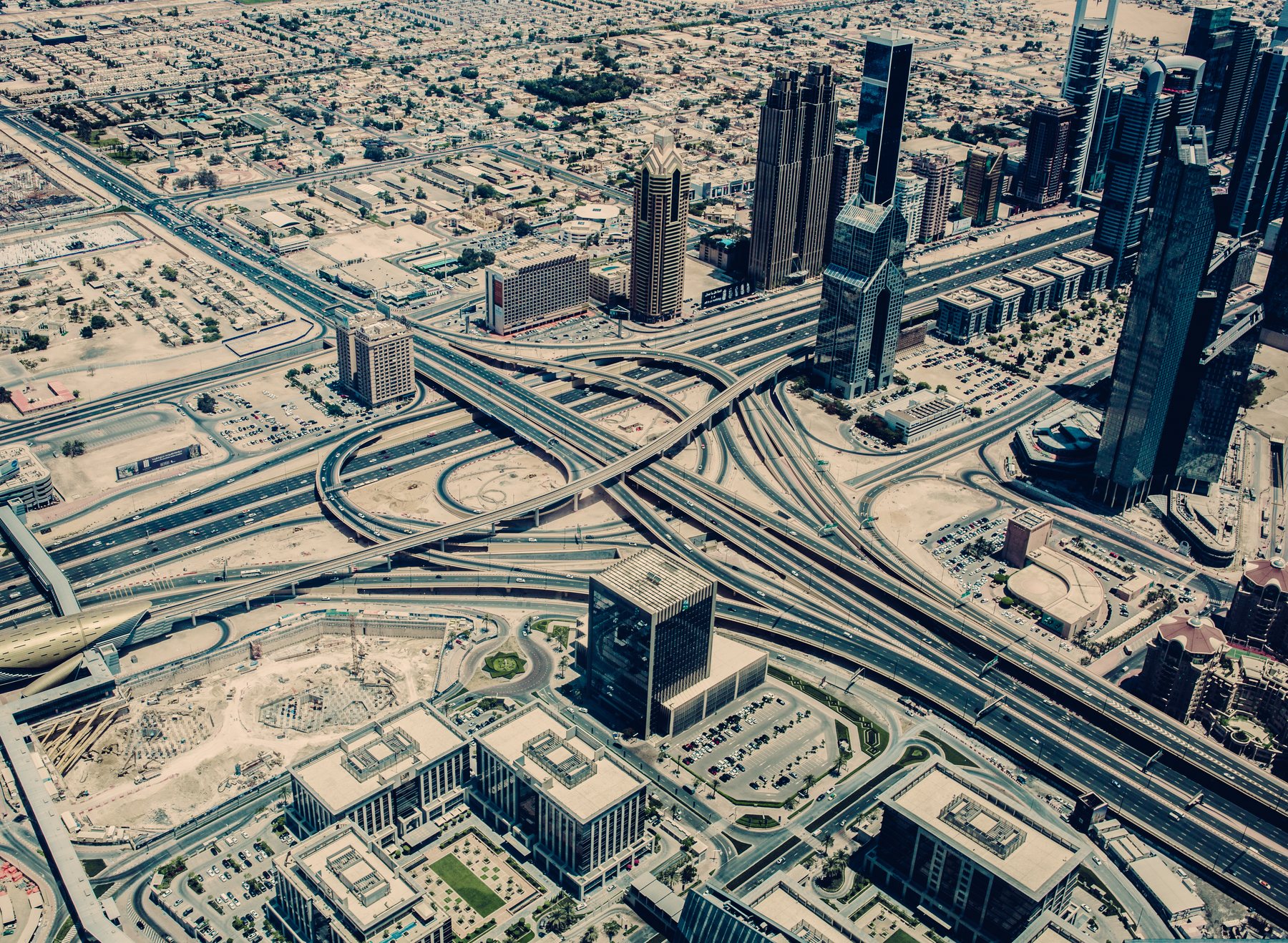 Sheikh Zayed Road interchange and towers in Dubai seen from directly above