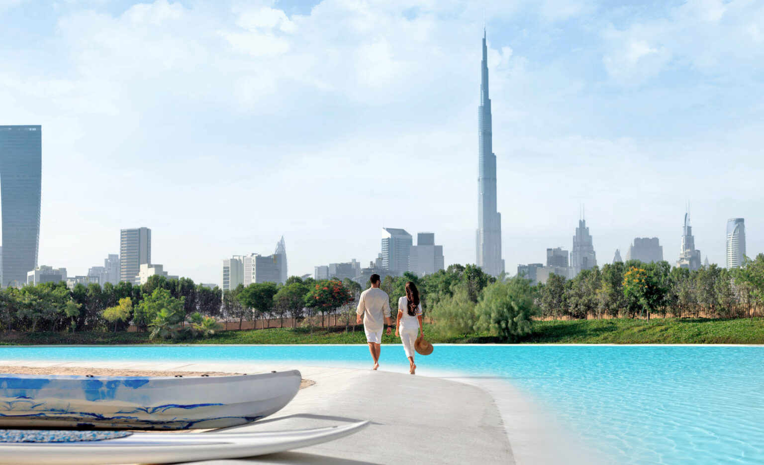 Waterside walkway in District One with the Burj Khalifa beyond